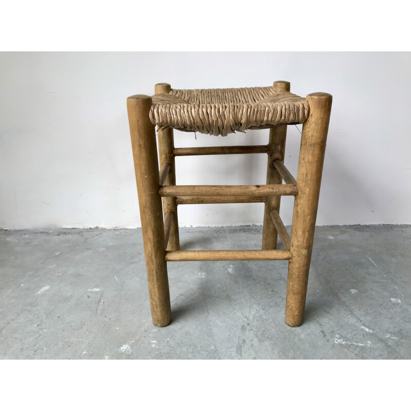 Set of 5 vintage wood and straw stools, 1950