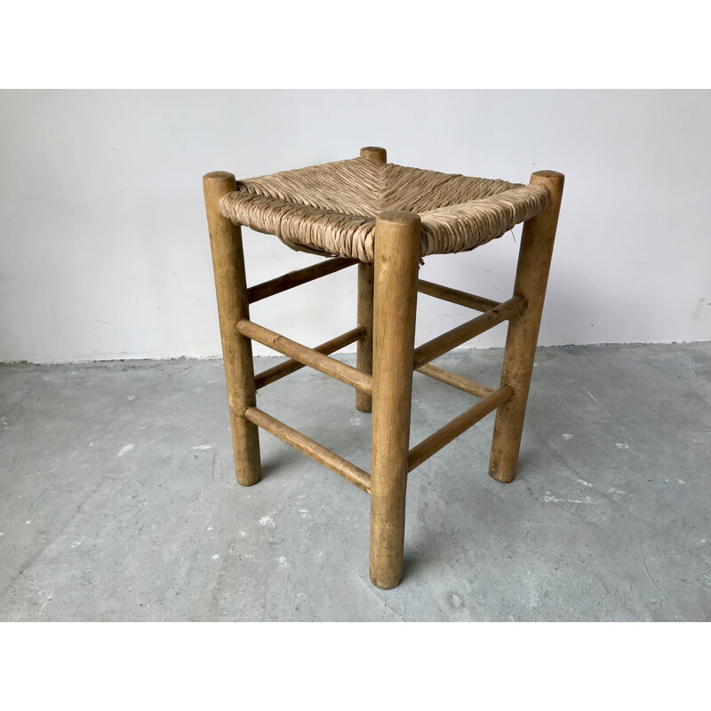 Set of 5 vintage wood and straw stools, 1950