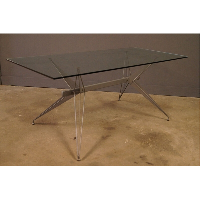 Table à manger en verre et métal laqué - 2000