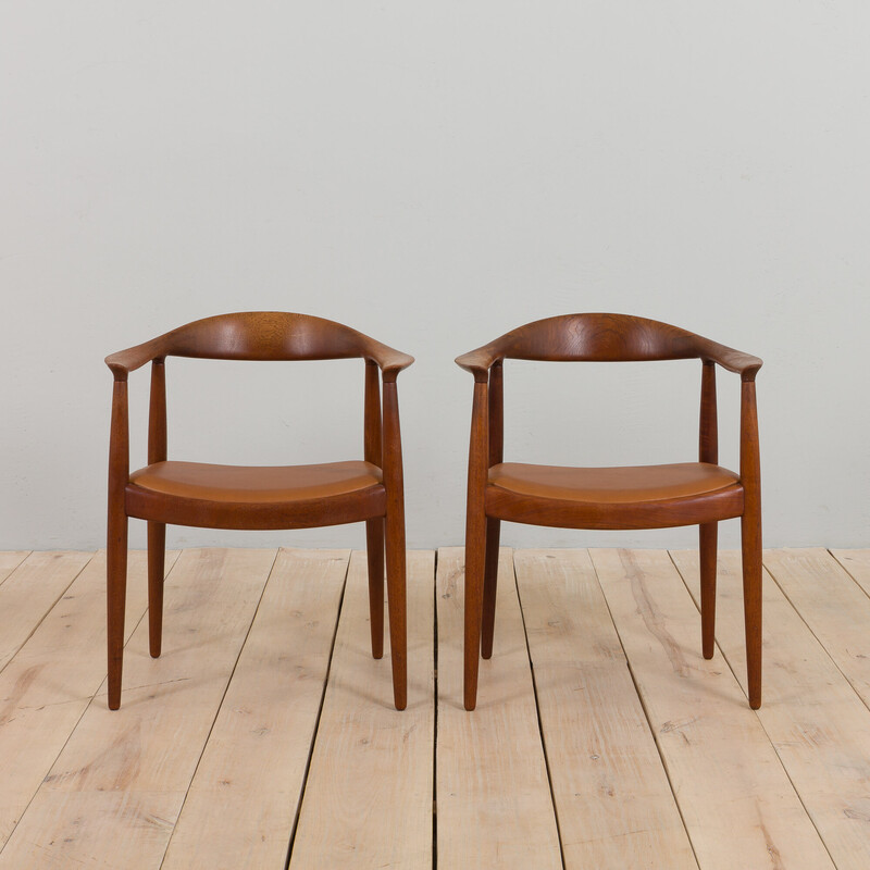 Coppia di poltrone vintage modello 503 in teak e pelle di Hans Wegner per Johannes Hansen, anni '60