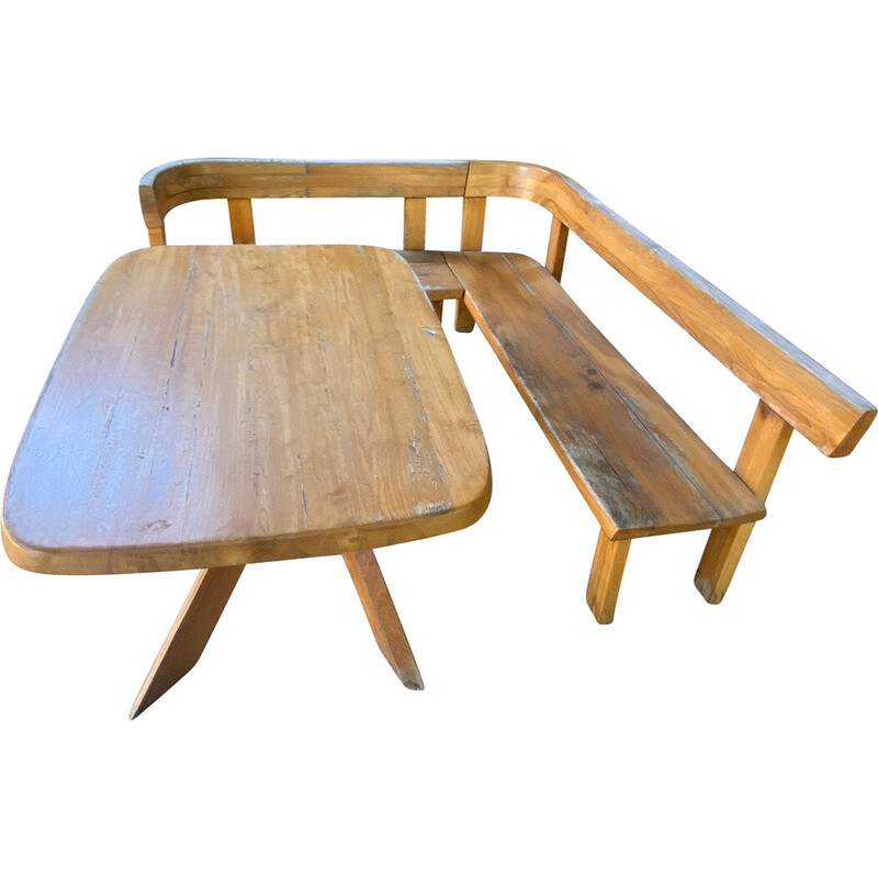 Pair of vintage S35 solid elmwood benches by Pierre Chapo, 1960