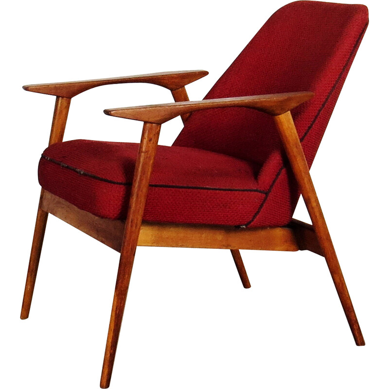 Vintage houten en stoffen fauteuil, 1960