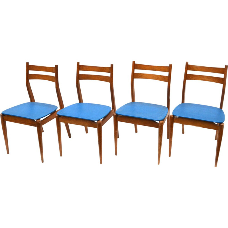 Suite de 4 chaises vintage en skaï bleu - 1970
