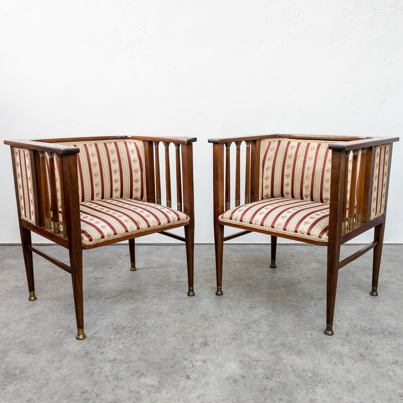 Pair of vintage Art Nouveau mahogany and brass armchairs by Hans Christiansen