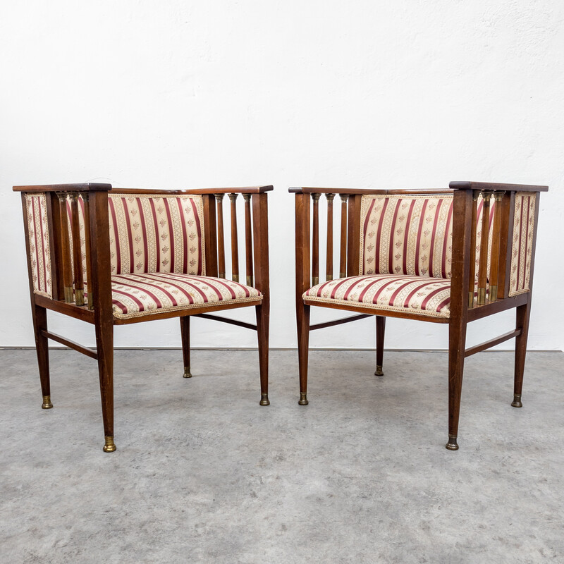 Pair of vintage Art Nouveau mahogany and brass armchairs by Hans Christiansen
