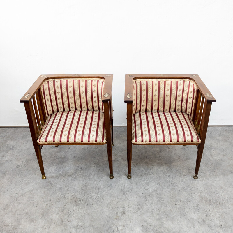 Pair of vintage Art Nouveau mahogany and brass armchairs by Hans Christiansen