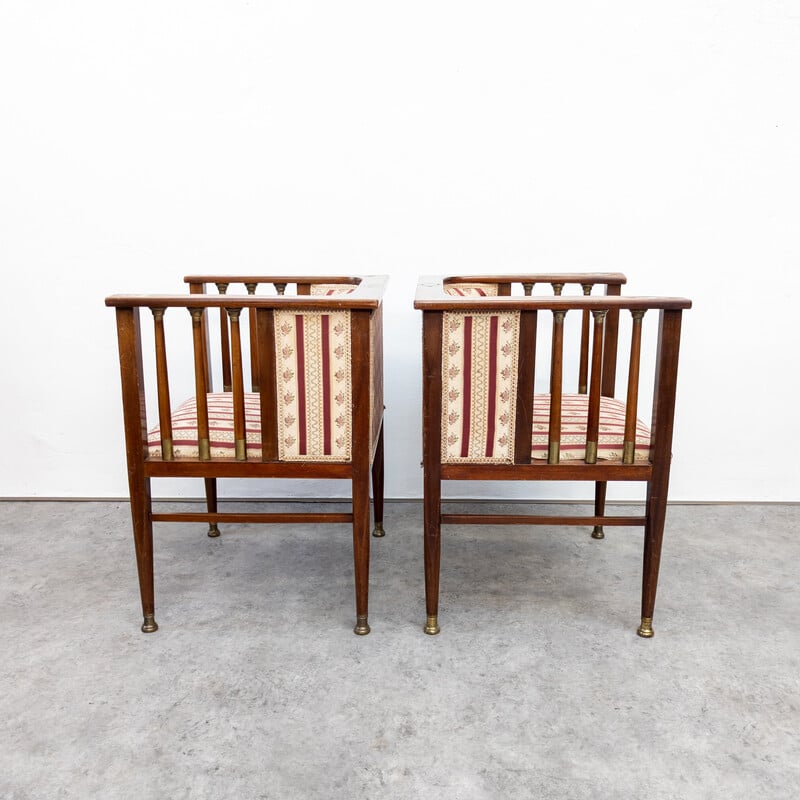 Pair of vintage Art Nouveau mahogany and brass armchairs by Hans Christiansen