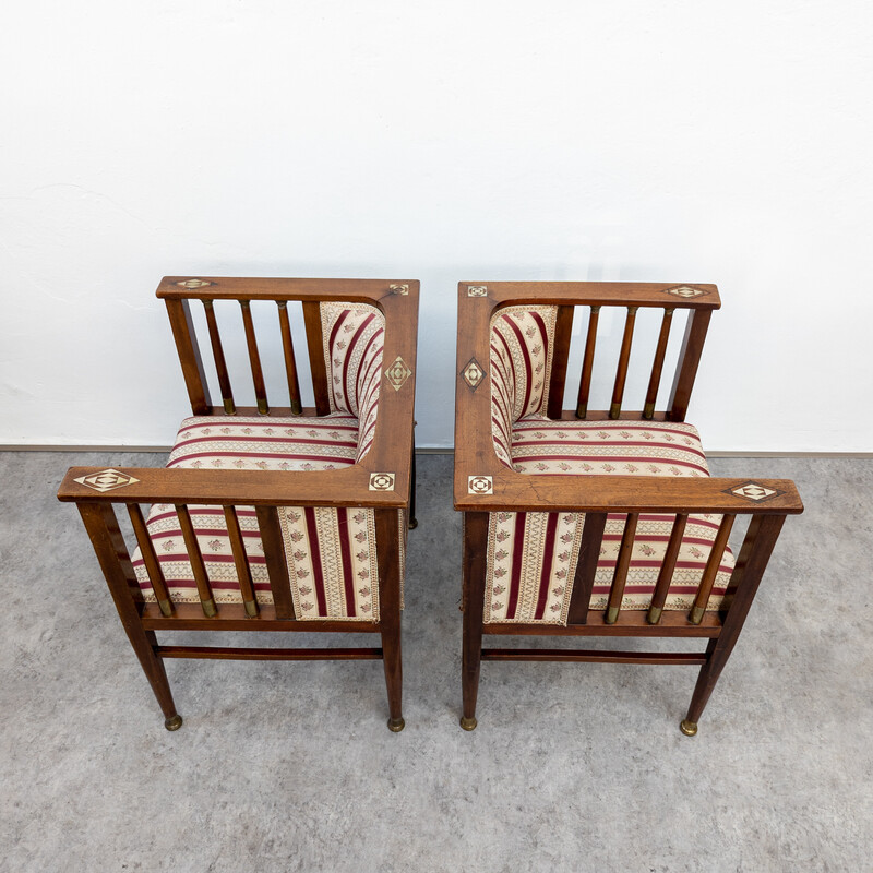 Pair of vintage Art Nouveau mahogany and brass armchairs by Hans Christiansen