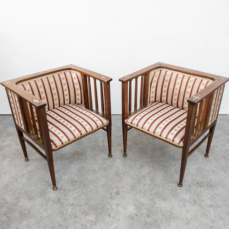 Paire de fauteuils Art Nouveau vintage en acajou et laiton par Hans Christiansen