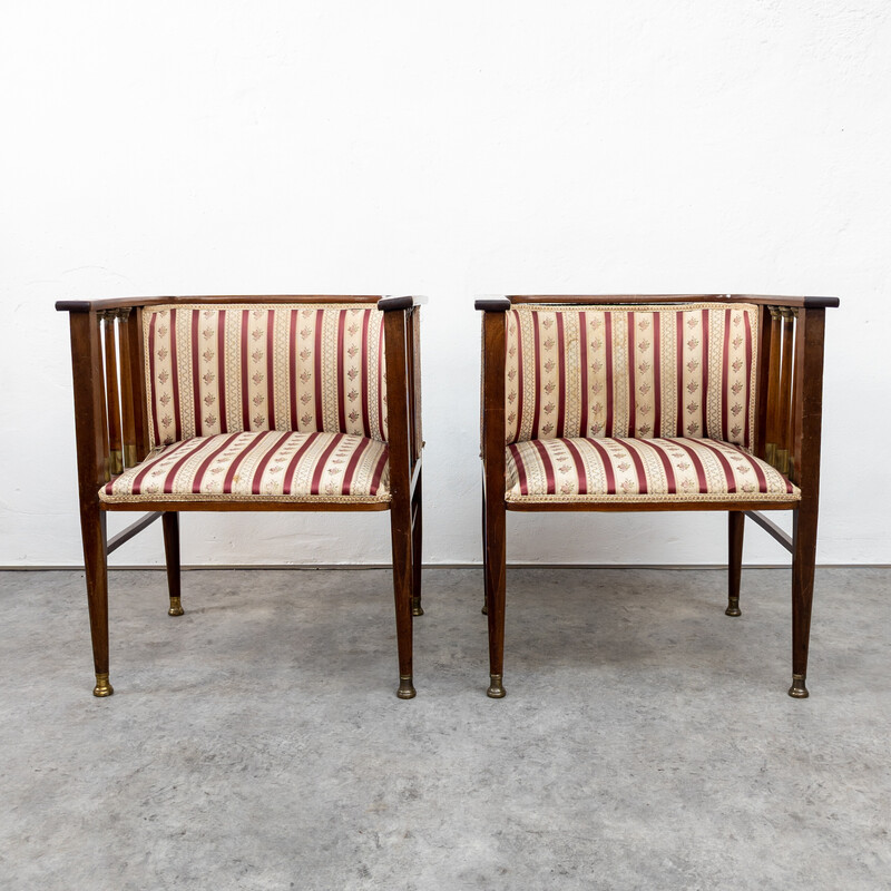 Pair of vintage Art Nouveau mahogany and brass armchairs by Hans Christiansen