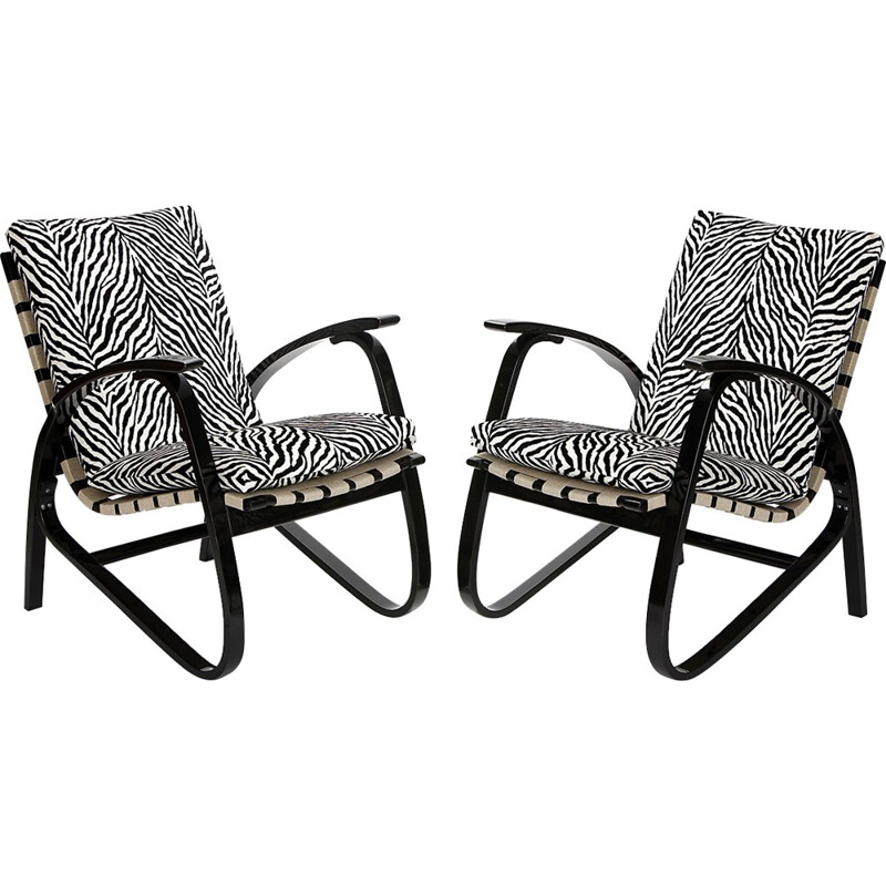 Pair of armchairs in beech and zebra print velvet, Jan VANEK - 1930s