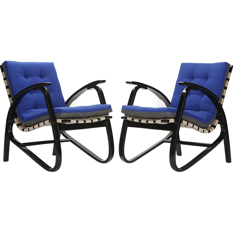 Pair of armchairs in blue fabric and beech, Jan VANEK - 1930s
