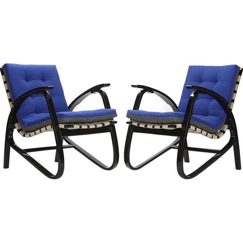 Pair of vintage beechwood and blue fabric armchairs by Jan Vanek, 1930