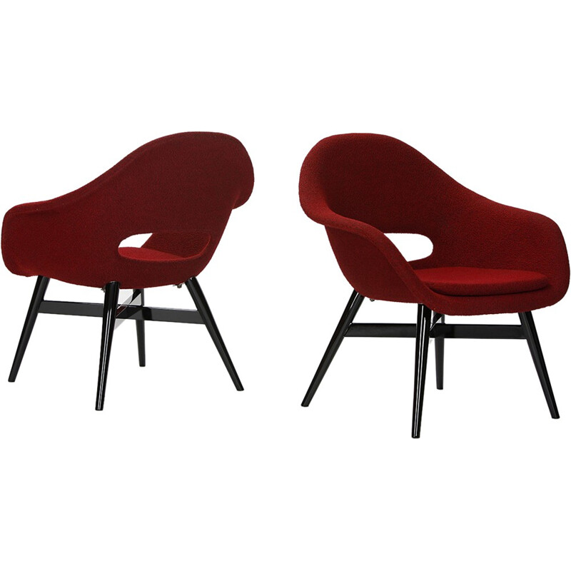 Pair of red Tatra Pravenec armchairs in oak, Frantisek JIRAK - 1960s