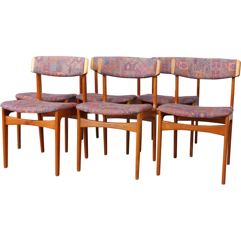 Set of 6 Scandinavian dining chairs in teak and fabric - 1960s