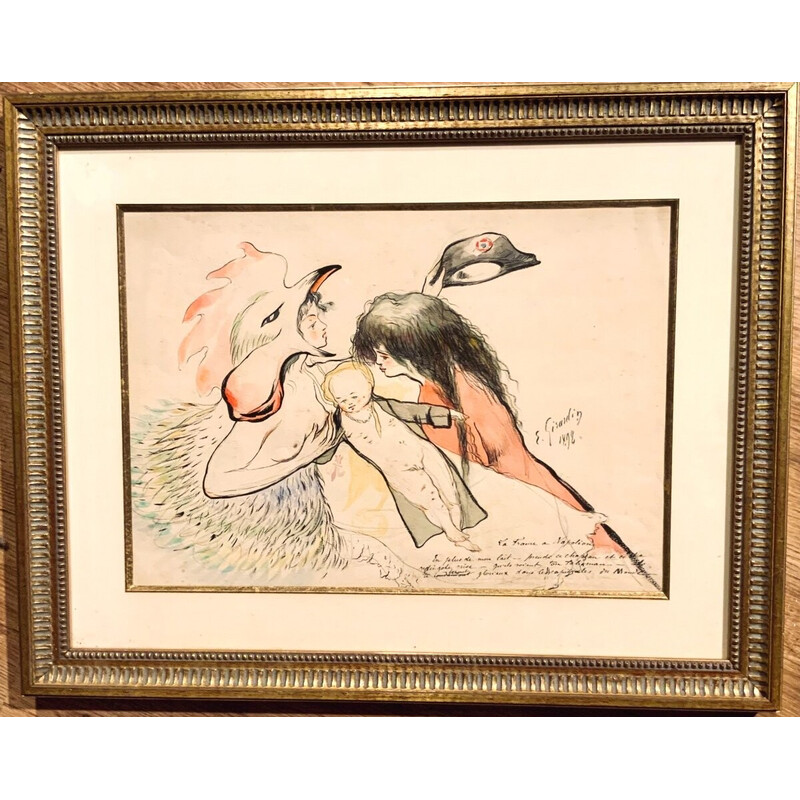 Framed vintage watercolor "France to Napoleon" by E. Girardin