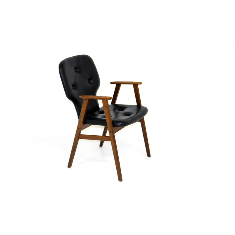 Fauteuil vintage en hêtre et simili-cuir, Suède 1970