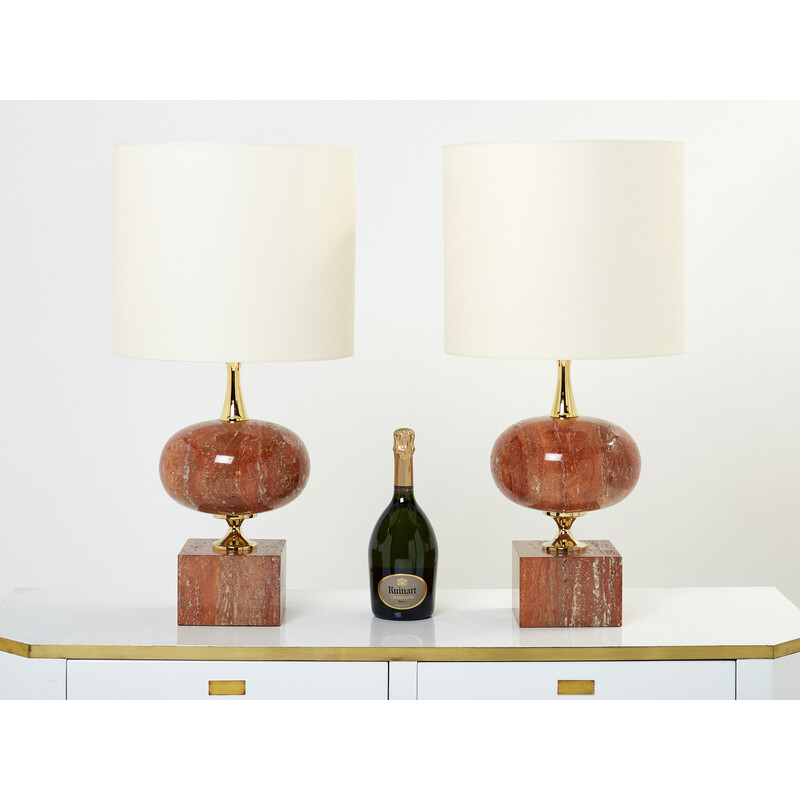 Pair of vintage lamps in red travertine and brass by Philippe Barbier, 1970