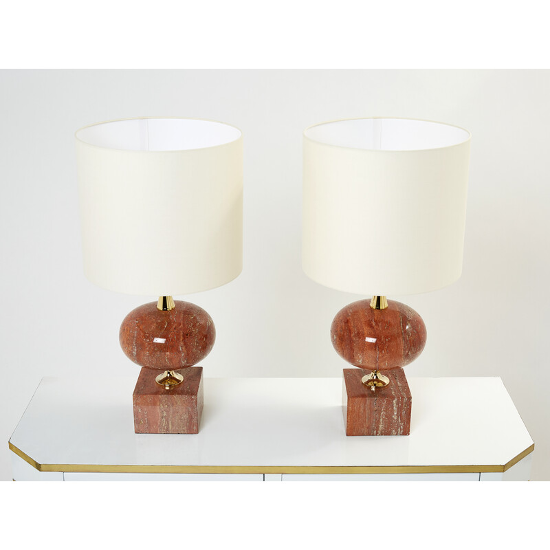 Pair of vintage lamps in red travertine and brass by Philippe Barbier, 1970