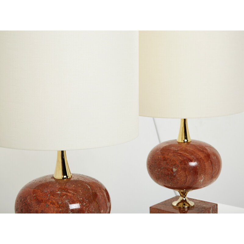 Pair of vintage lamps in red travertine and brass by Philippe Barbier, 1970