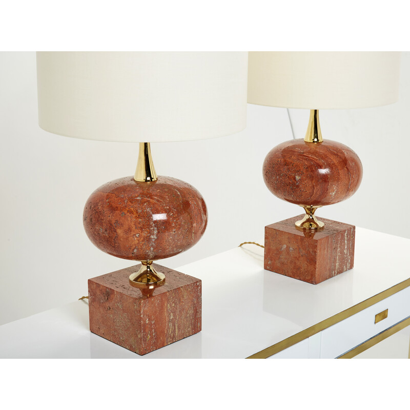 Pair of vintage lamps in red travertine and brass by Philippe Barbier, 1970