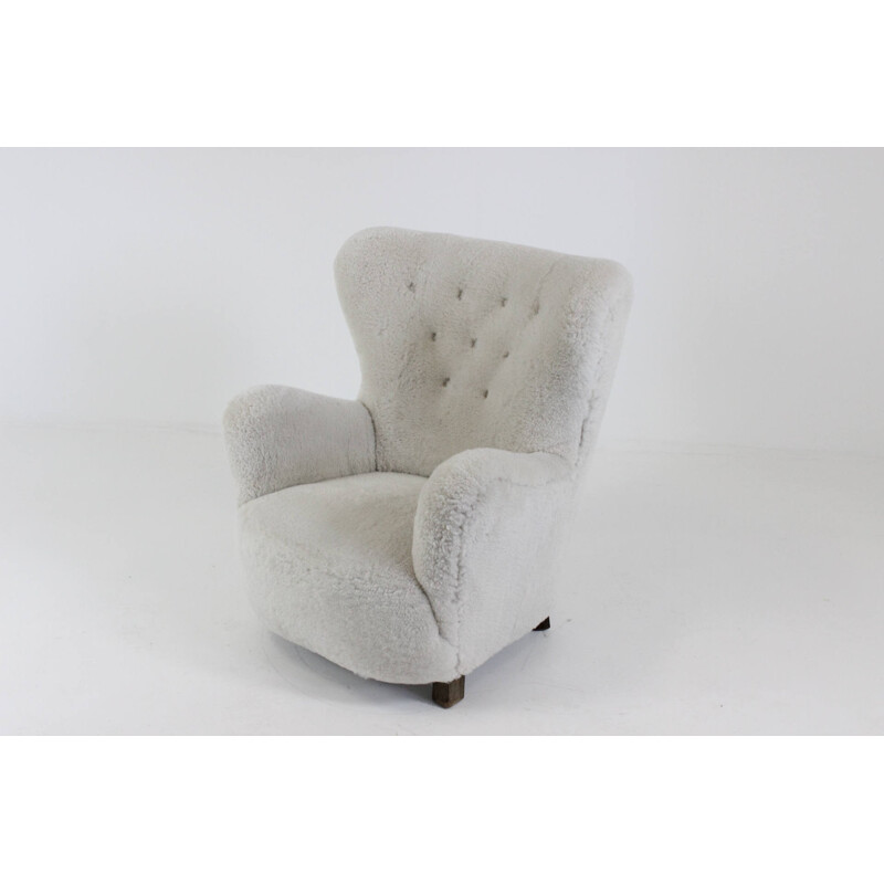 Mid-century danish winged sheepskin armchair - 1940s