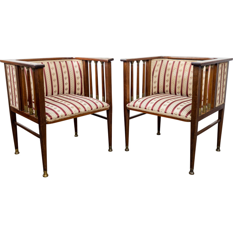 Paar vintage Art Nouveau mahonie en messing fauteuils van Hans Christiansen