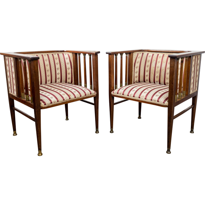 Pair of vintage Art Nouveau mahogany and brass armchairs by Hans Christiansen