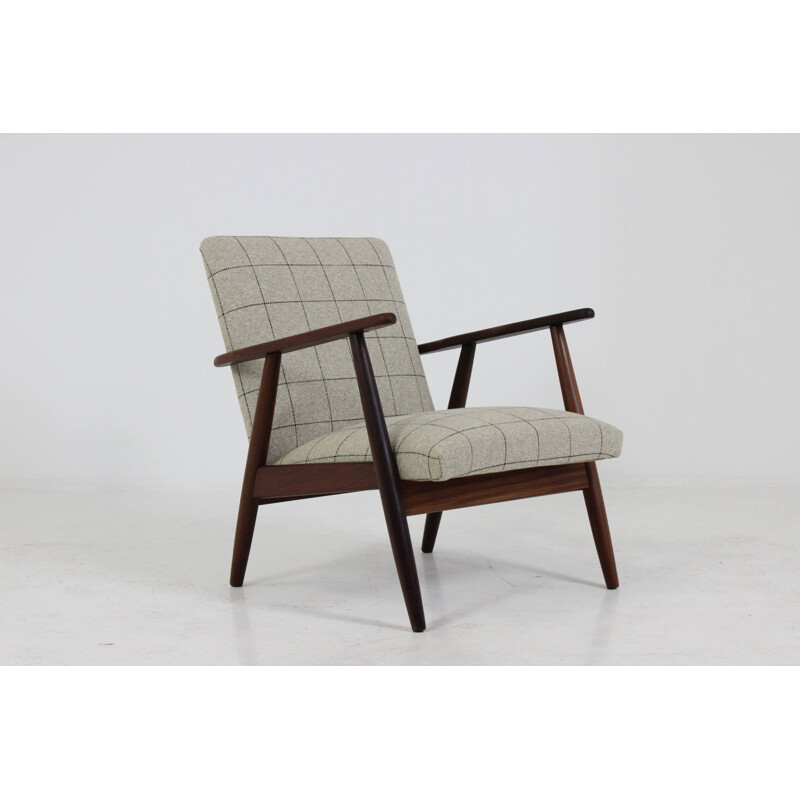 Danish teak easy chair re-upholstered with beige checks - 1960s