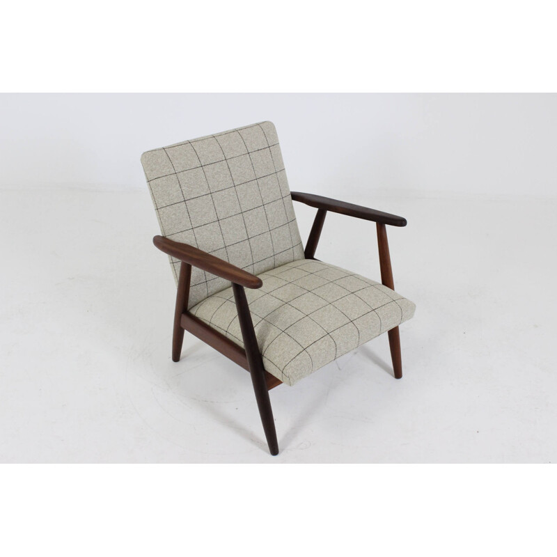 Danish teak easy chair re-upholstered with beige checks - 1960s