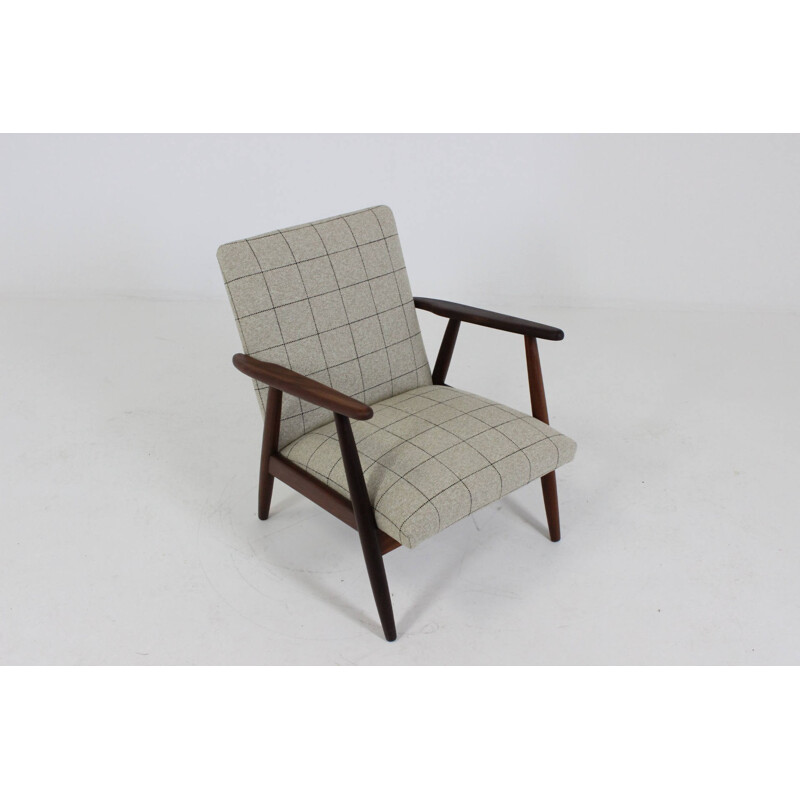 Danish teak easy chair re-upholstered with beige checks - 1960s