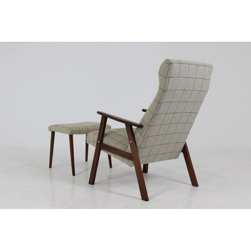 Danish teak high-back easy chair with ottoman - 1960s