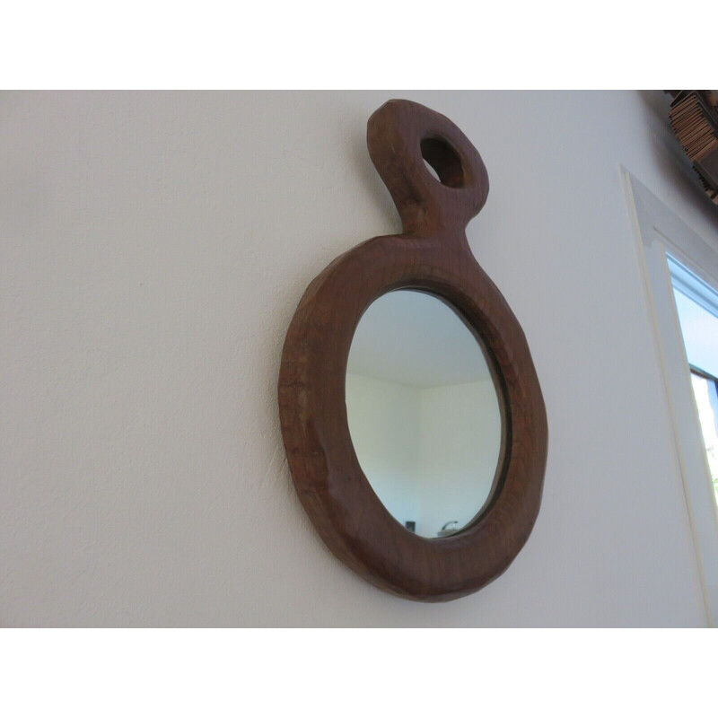 Miroir vintage en bois massif taillé à la gouge, France 1960