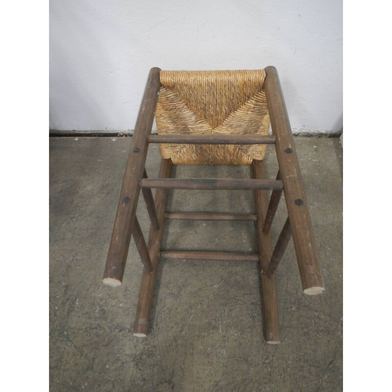 Mid century stool in lime wood with woven straw seat