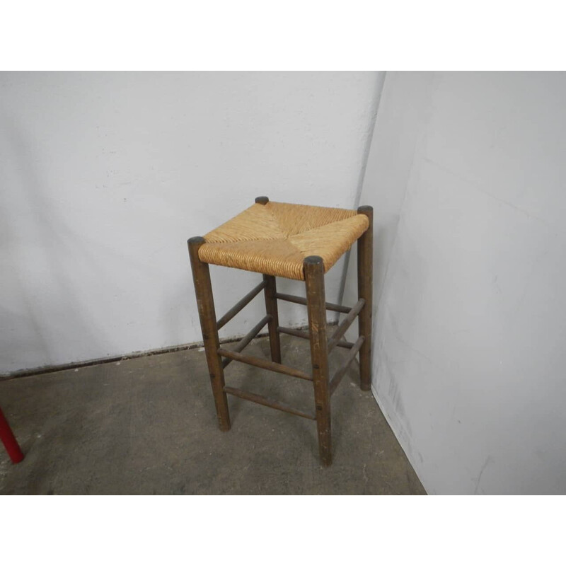 Tabouret vintage en bois de tilleul avec assise en paille tressée