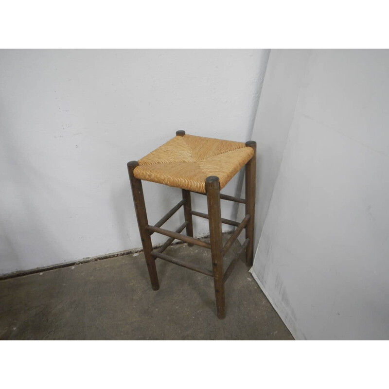 Tabouret vintage en bois de tilleul avec assise en paille tressée