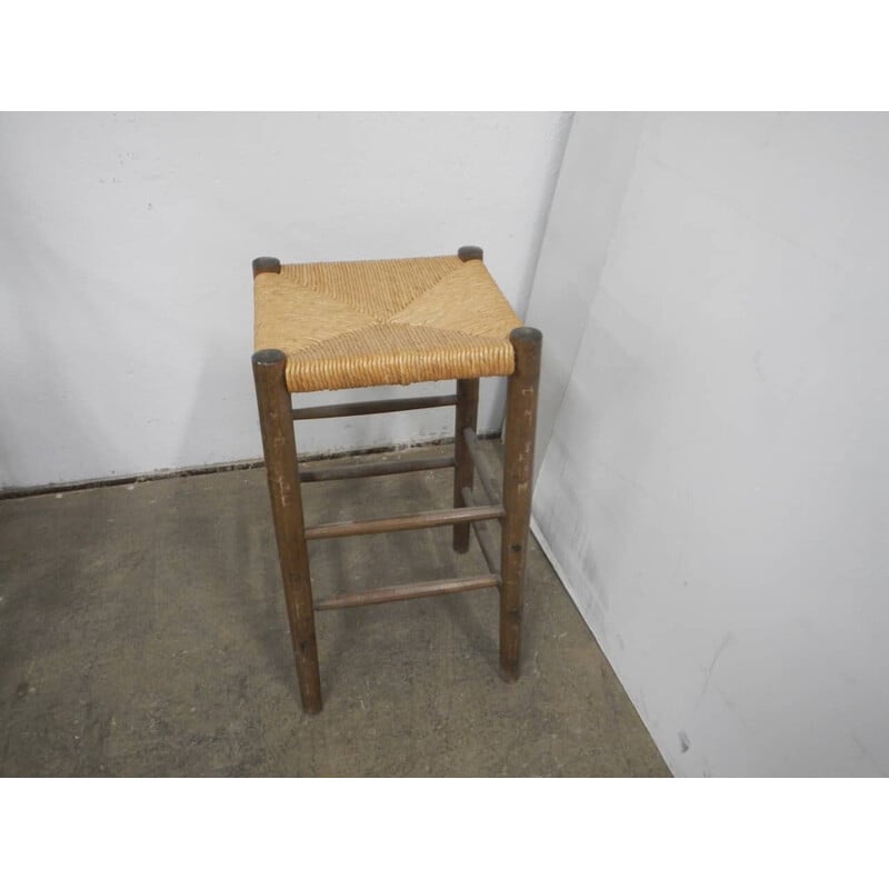 Tabouret vintage en bois de tilleul avec assise en paille tressée