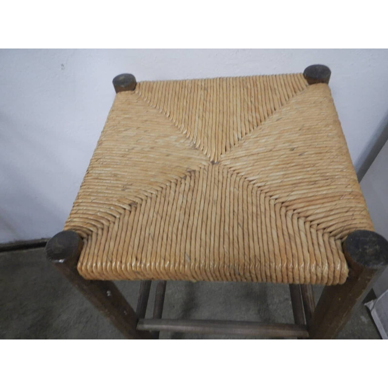 Vintage-Hocker aus Lindenholz mit Sitzfläche aus geflochtenem Stroh