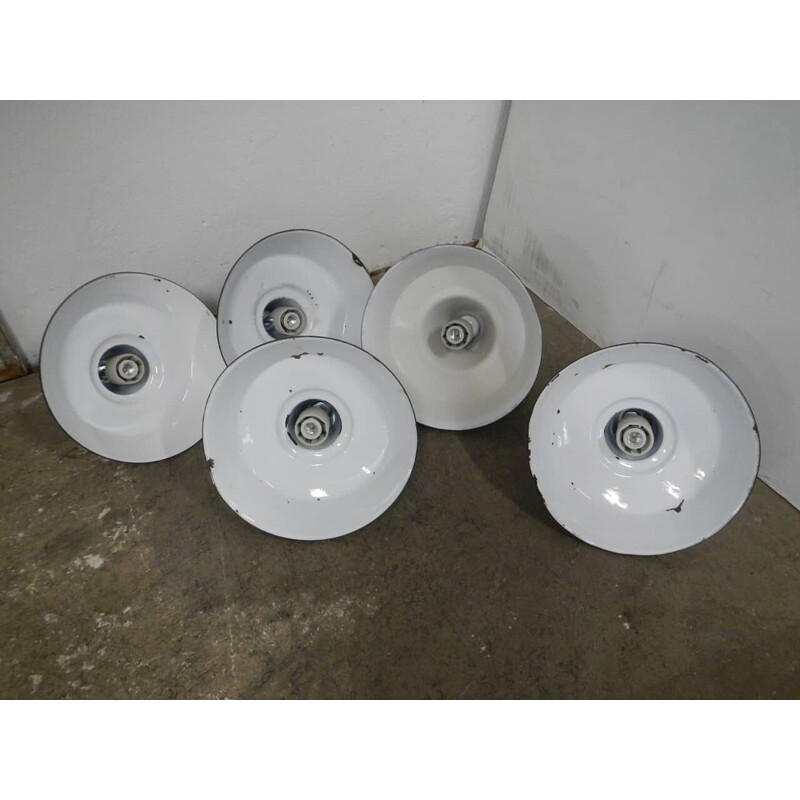 Set of 5 vintage black metal with white interior lamps