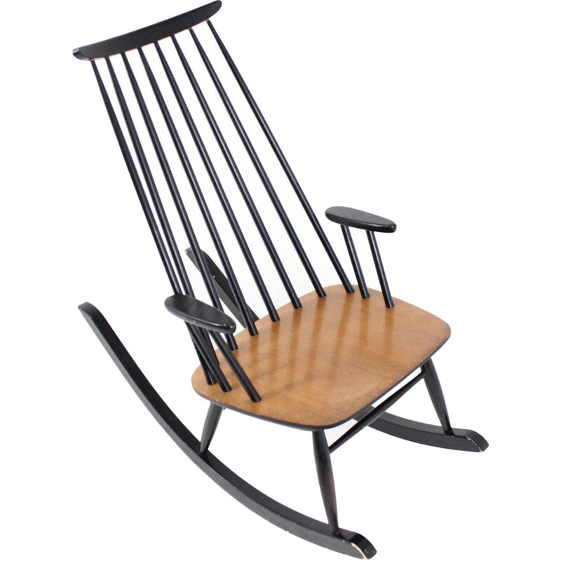 Finnish teak rocking chair in black with flat seating, Varjosen PUUNJALOSTUS - 1960s