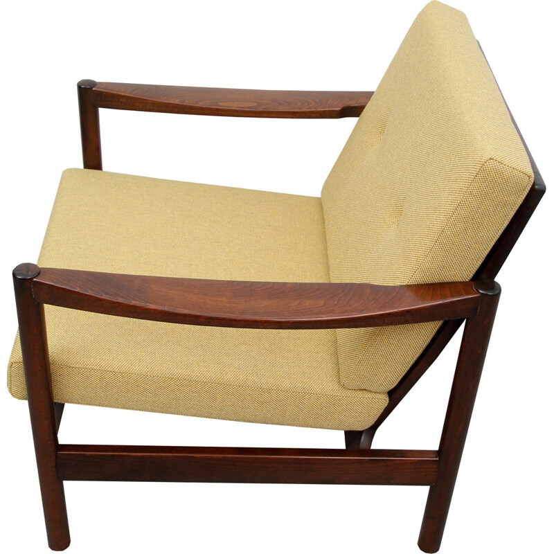Vintage gele notenhouten fauteuil - 1960