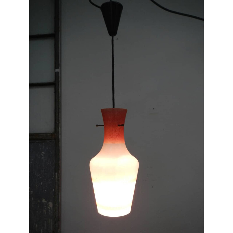 Vintage kitchen chandelier in opal glass with pink stripes