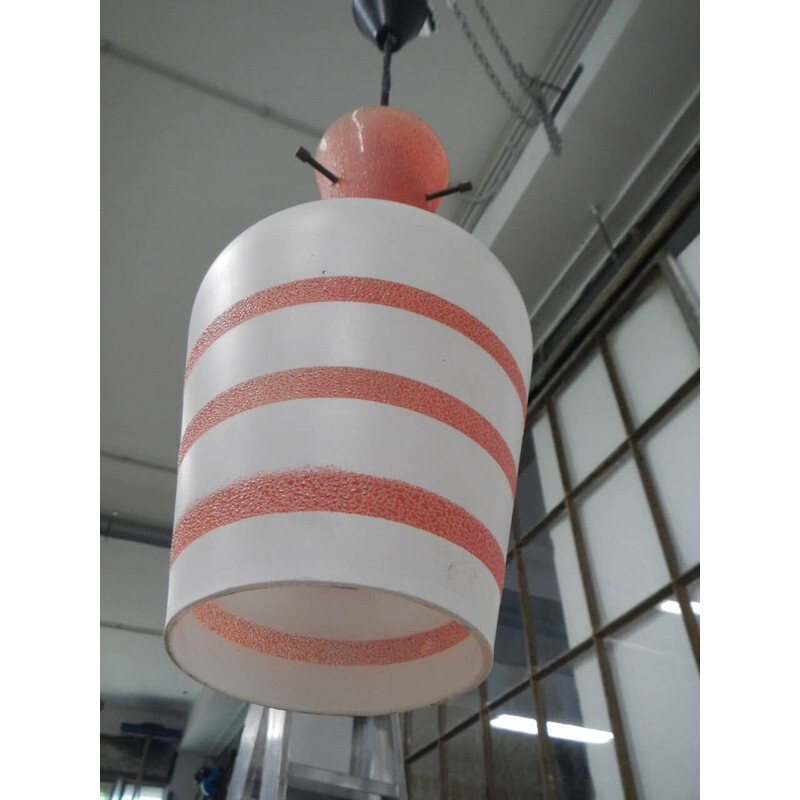 Vintage kitchen chandelier in opal glass with pink stripes