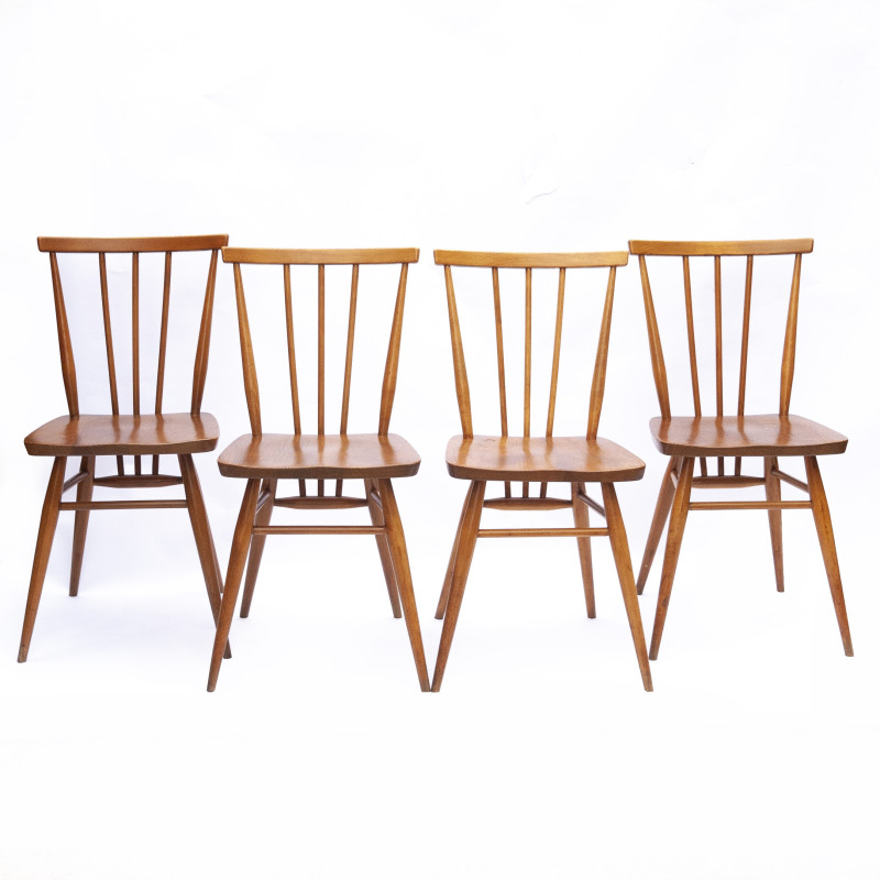 Set of 4 vintage beechwood and elmwood 391 Stick back chairs by Ercol, 1960s