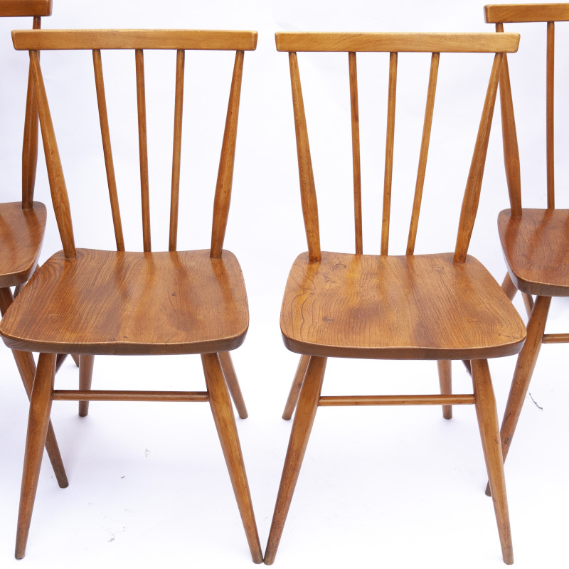 Set of 4 vintage beechwood and elmwood 391 Stick back chairs by Ercol, 1960s