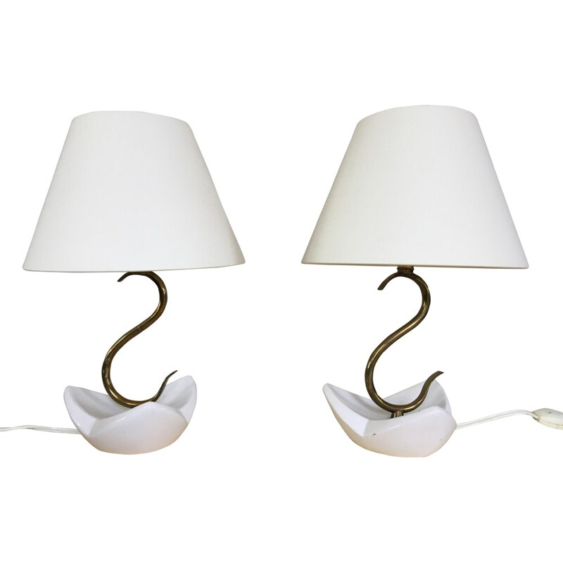 Pair of French table lamps in ceramic and brass - 1950s
