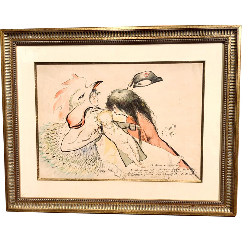 Framed vintage watercolor "France to Napoleon" by E. Girardin