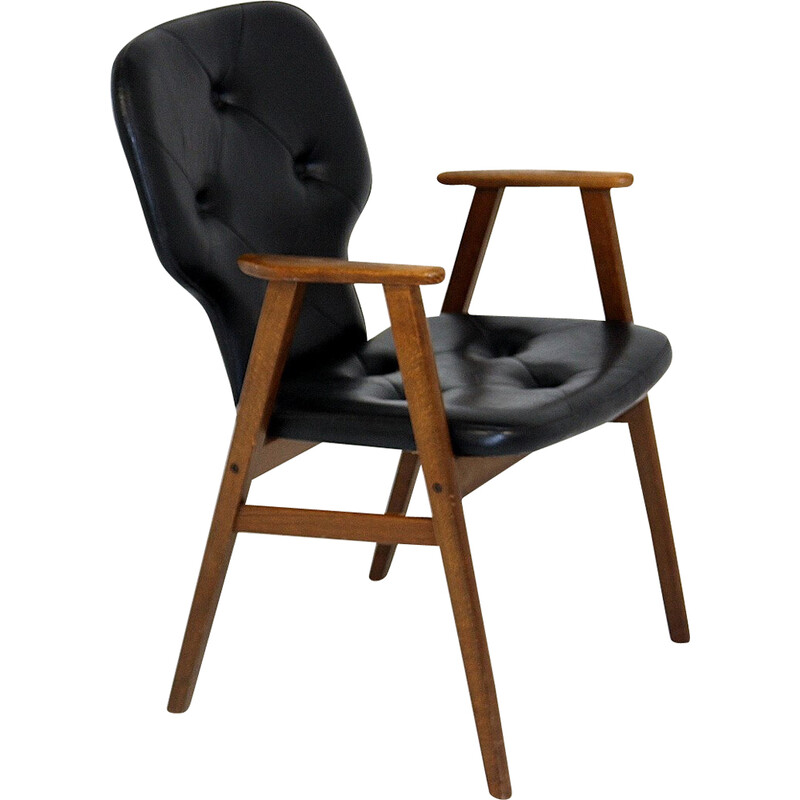 Fauteuil vintage en hêtre et simili-cuir, Suède 1970