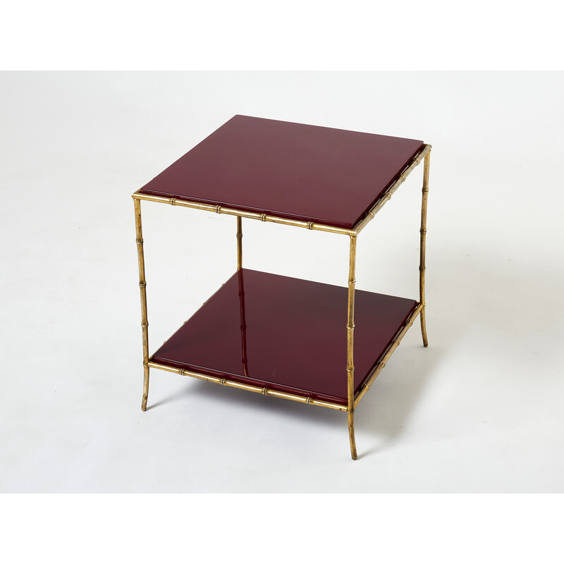 Pair of vintage bamboo and red lacquered brass side tables by Maison Baguès, 1960