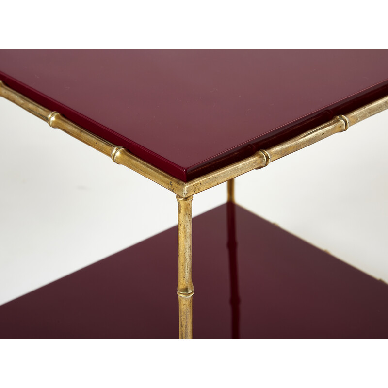 Pair of vintage bamboo and red lacquered brass side tables by Maison Baguès, 1960